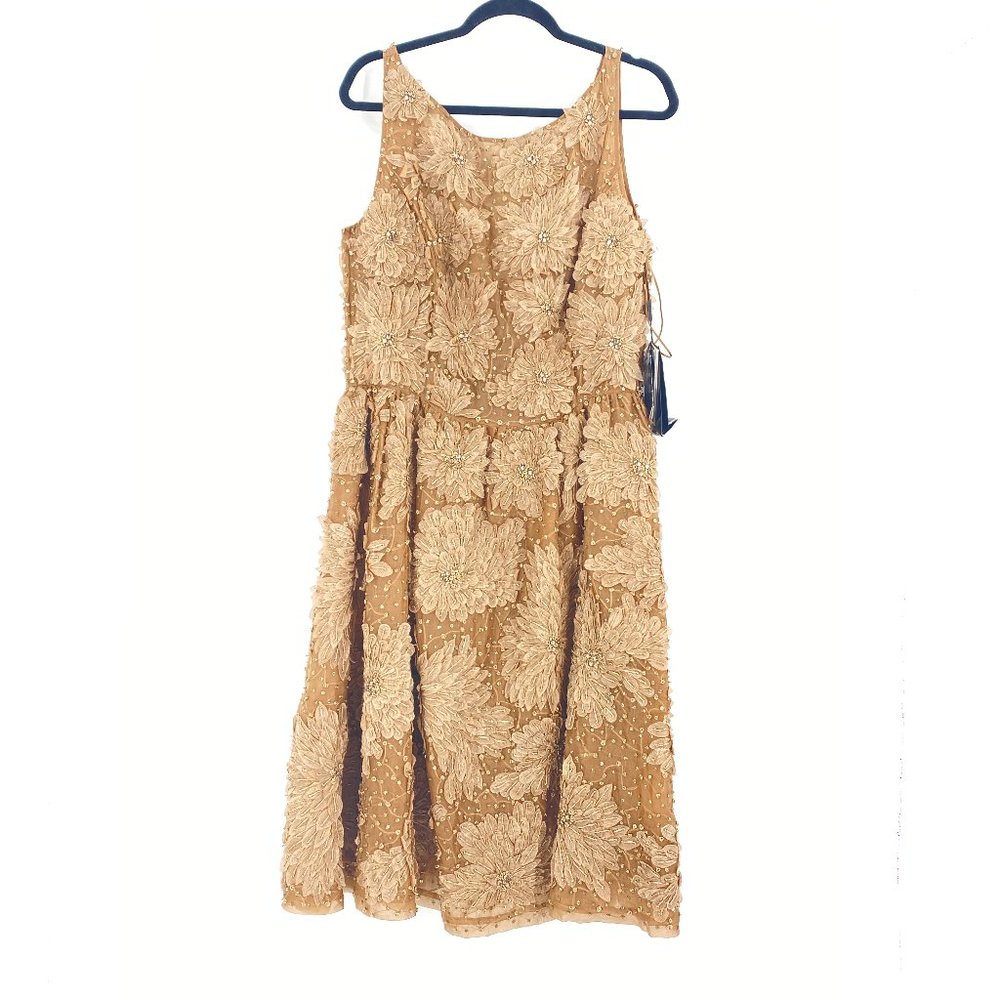 Escada 100% Silk A-Line Dress – Tan Floral Appliqué, Sleeveless, Size EU 44 (US)